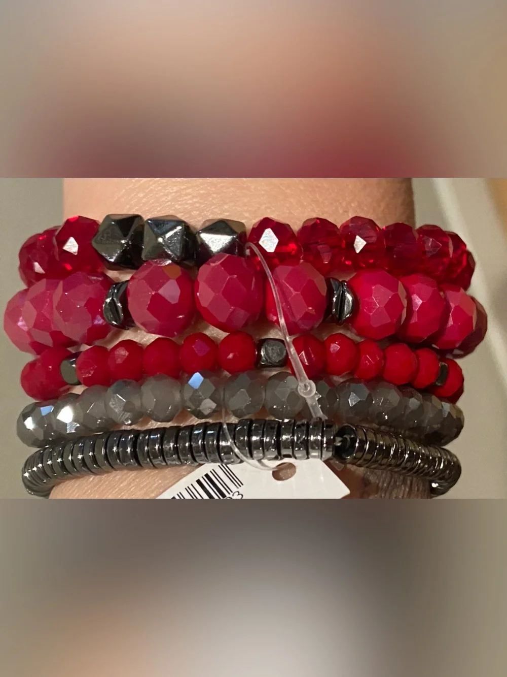 5 piece Faceted Red w/ Gray and Black Stretch Beaded Bracelet Set. NWT MSRP $59